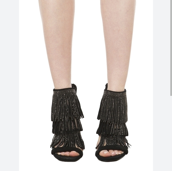 Steve Madden Rhinestone Frill/Fringe Black Heels - Picture 1 of 8